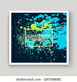 Neon explosion paint splatter artistic cover frame design. Decorative dust splash spray texture blue background. Trendy creative template vector Cover Report Catalog Brochure Flyer Poster Banner