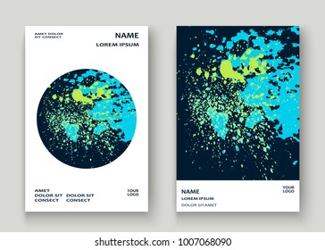 Neon explosion paint splatter artistic cover frame design. Decorative dust splash spray texture blue background. Trendy creative template vector Cover Report Catalog Brochure Flyer Poster Banner