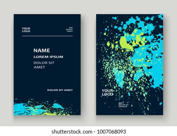 Neon explosion paint splatter artistic cover frame design. Decorative dust splash spray texture blue background. Trendy creative template vector Cover Report Catalog Brochure Flyer Poster Banner