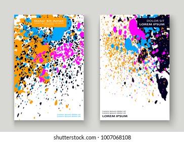 Neon explosion paint splatter artistic cover frame design. Decorative dust splash spray texture white background. Trendy creative template vector Cover Report Catalog Brochure Flyer Poster Banner