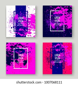 Neon explosion paint splatter artistic cover frame design. Decorative dust splash spray texture violet background. Trendy creative template vector Cover Report Catalog Brochure Flyer Poster Banner
