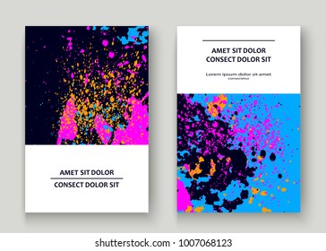 Neon explosion paint splatter artistic cover frame design. Decorative dust splash spray texture blue background. Trendy creative template vector Cover Report Catalog Brochure Flyer Poster Banner