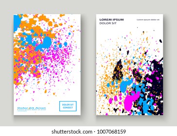 Neon explosion paint splatter artistic cover frame design. Decorative dust splash spray texture white background. Trendy creative template vector Cover Report Catalog Brochure Flyer Poster Banner