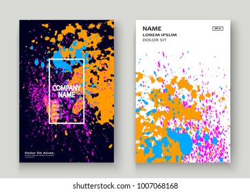Neon explosion paint splatter artistic cover frame design. Decorative dust splash spray texture white background. Trendy creative template vector Cover Report Catalog Brochure Flyer Poster Banner