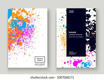 Neon explosion paint splatter artistic cover frame design. Decorative dust splash spray texture white background. Trendy creative template vector Cover Report Catalog Brochure Flyer Poster Banner