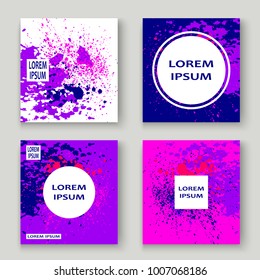 Neon explosion paint splatter artistic cover frame design. Decorative dust splash spray texture violet background. Trendy creative template vector Cover Report Catalog Brochure Flyer Poster Banner