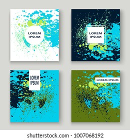 Neon explosion paint splatter artistic cover frame design. Decorative dust splash spray texture blue background. Trendy creative template vector Cover Report Catalog Brochure Flyer Poster Banner