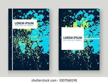 Neon explosion paint splatter artistic cover frame design. Decorative dust splash spray texture blue background. Trendy creative template vector Cover Report Catalog Brochure Flyer Poster Banner