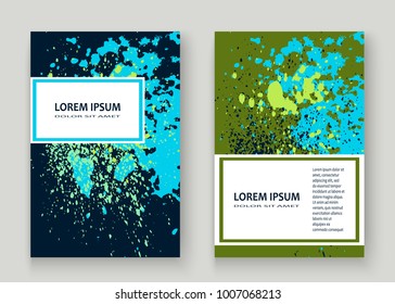Neon explosion paint splatter artistic cover frame design. Decorative dust splash spray texture blue background. Trendy creative template vector Cover Report Catalog Brochure Flyer Poster Banner