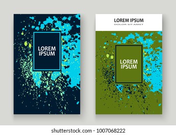 Neon explosion paint splatter artistic cover frame design. Decorative dust splash spray texture blue background. Trendy creative template vector Cover Report Catalog Brochure Flyer Poster Banner