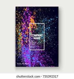 Neon explosion paint splatter artistic cover frame design. Decorative pink splash spray texture purlpe dark background. Trendy template vector Cover Report Catalog Brochure Flyer Poster Banner