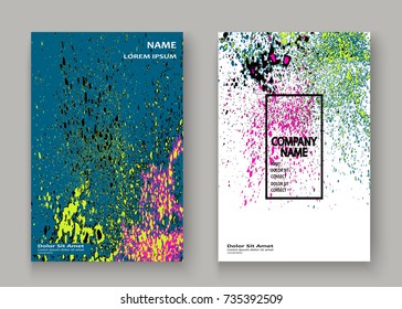 Neon explosion paint splatter artistic cover frame design. Decorative pink splash spray texture blue light background. Trendy template vector Cover Report Catalog Brochure Flyer Poster Banner