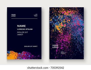 Neon explosion paint splatter artistic cover frame design. Decorative orange splash spray texture purlpe dark background. Trendy template vector Cover Report Catalog Brochure Flyer Poster Banner