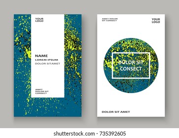 Neon explosion paint splatter artistic cover frame design. Decorative yellow splash spray texture blue light background. Trendy template vector Cover Report Catalog Brochure Flyer Poster Banner