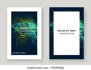Neon explosion paint splatter artistic cover frame design. Decorative green splash spray texture blue dark background. Trendy template vector Cover Report Catalog Brochure Flyer Poster Banner