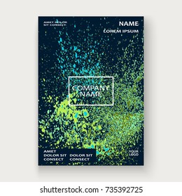 Neon explosion paint splatter artistic cover frame design. Decorative green splash spray texture blue dark background. Trendy template vector Cover Report Catalog Brochure Flyer Poster Banner