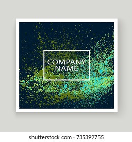 Neon explosion paint splatter artistic cover frame design. Decorative green splash spray texture blue dark background. Trendy template vector Cover Report Catalog Brochure Flyer Poster Banner
