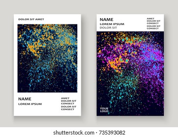 Neon explosion paint splatter artistic cover frame design. Decorative yellow splash spray texture blue dark background. Trendy template vector Cover Report Catalog Brochure Flyer Poster Banner