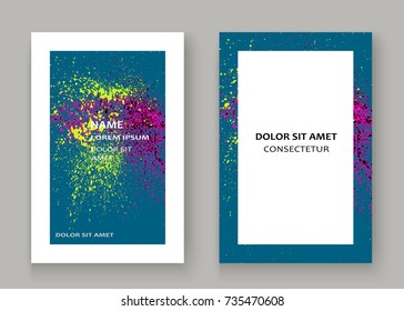 Neon explosion paint splatter artistic cover frame design. Decorative pink splash spray texture blue light background. Trendy template vector Cover Report Catalog Brochure Flyer Poster Banner