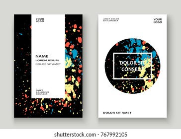 Neon explosion paint splatter artistic cover frame design. Decorative colorful splash spray texture white background. Trendy creative template vector Cover Report Catalog Brochure Flyer Poster Banner