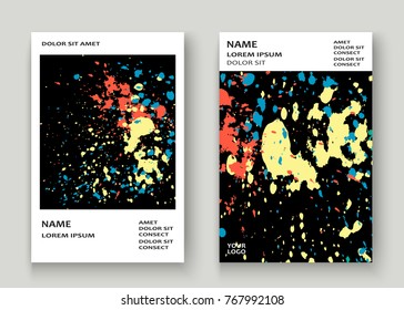 Neon explosion paint splatter artistic cover frame design. Decorative colorful splash spray texture white background. Trendy creative template vector Cover Report Catalog Brochure Flyer Poster Banner