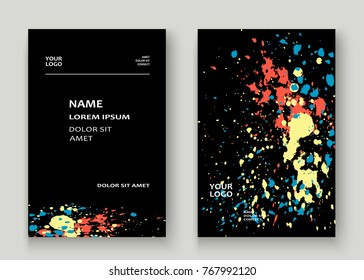 Neon explosion paint splatter artistic cover frame design. Decorative colorful splash spray texture white background. Trendy creative template vector Cover Report Catalog Brochure Flyer Poster Banner