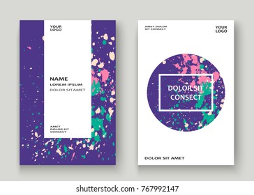 Neon explosion paint splatter artistic cover frame design. Decorative colorful splash spray texture white background. Trendy creative template vector Cover Report Catalog Brochure Flyer Poster Banner