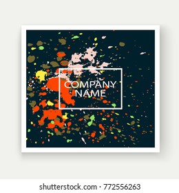 Neon explosion paint splatter artistic cover frame design. Decorative colorful splash spray texture black background. Trendy creative template vector Cover Report Catalog Brochure Flyer Poster Banner