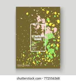 Neon explosion paint splatter artistic cover frame design. Decorative colorful splash spray texture olive background. Trendy creative template vector Cover Report Catalog Brochure Flyer Poster Banner