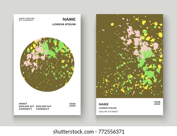 Neon explosion paint splatter artistic cover frame design. Decorative colorful splash spray texture olive background. Trendy creative template vector Cover Report Catalog Brochure Flyer Poster Banner