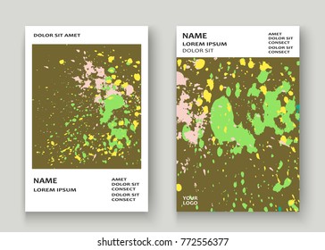 Neon explosion paint splatter artistic cover frame design. Decorative colorful splash spray texture olive background. Trendy creative template vector Cover Report Catalog Brochure Flyer Poster Banner