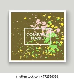 Neon explosion paint splatter artistic cover frame design. Decorative colorful splash spray texture olive background. Trendy creative template vector Cover Report Catalog Brochure Flyer Poster Banner