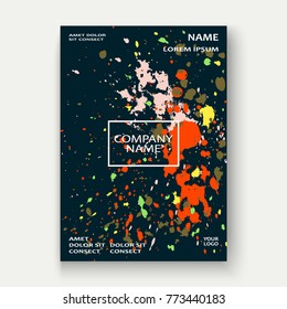 Neon explosion paint splatter artistic cover frame design. Decorative colorful splash spray texture black background. Trendy creative template vector Cover Report Catalog Brochure Flyer Poster Banner