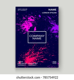 Neon explosion paint splatter artistic cover frame design. Decorative dust splash spray texture purple background. Trendy creative template vector Cover Report Catalog Brochure Flyer Poster Banner
