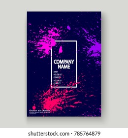 Neon explosion paint splatter artistic cover frame design. Decorative dust splash spray texture purple background. Trendy creative template vector Cover Report Catalog Brochure Flyer Poster Banner