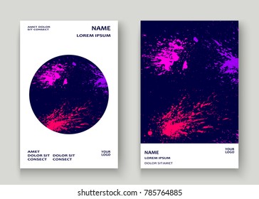 Neon explosion paint splatter artistic cover frame design. Decorative dust splash spray texture purple background. Trendy creative template vector Cover Report Catalog Brochure Flyer Poster Banner