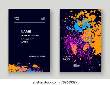 Neon explosion paint splatter artistic cover frame design. Decorative dust splash spray texture violet background. Trendy creative template vector Cover Report Catalog Brochure Flyer Poster Banner
