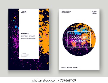 Neon explosion paint splatter artistic cover frame design. Decorative dust splash spray texture violet background. Trendy creative template vector Cover Report Catalog Brochure Flyer Poster Banner