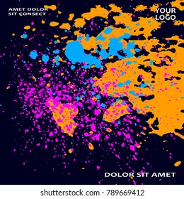 Neon explosion paint splatter artistic cover frame design. Decorative dust splash spray texture violet background. Trendy creative template vector Cover Report Catalog Brochure Flyer Poster Banner