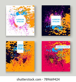 Neon explosion paint splatter artistic cover frame design. Decorative dust splash spray texture violet background. Trendy creative template vector Cover Report Catalog Brochure Flyer Poster Banner