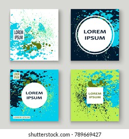 Neon explosion paint splatter artistic cover frame design. Decorative dust splash spray texture cyan background. Trendy creative template vector Cover Report Catalog Brochure Flyer Poster Banner