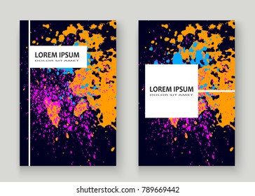 Neon explosion paint splatter artistic cover frame design. Decorative dust splash spray texture violet background. Trendy creative template vector Cover Report Catalog Brochure Flyer Poster Banner