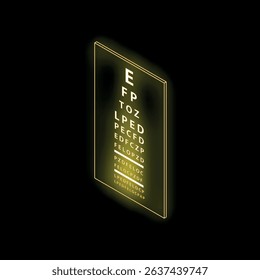 Neon eye chart glowing on black background representing concept of visual health