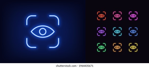 Neon eye identify icon. Glowing neon eye scanner sign, outline iris recognition pictogram in vivid color. Personal biometric data, identification and verification. Vector icon set, sign, symbol for UI