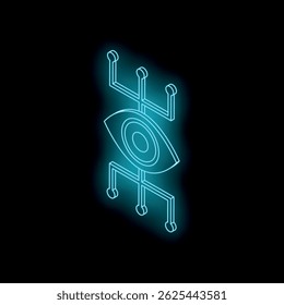 Neon eye symbol with network connections, representing concepts of vision, surveillance, and digital observation
