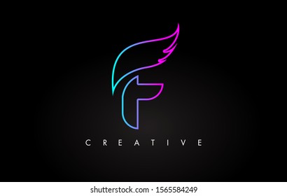 Neon F Letter Logo Icon Design with Creative Wing in Blue Purple Magenta Colors Vector Illustration.