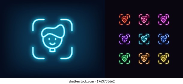 Neon face recognition icon. Glowing neon facial scanner sign, outline face identify pictogram. Personal biometric data, identification and verification. Vector icon set, sign, symbol for UI
