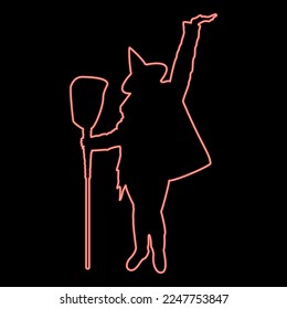 Neon fairy Wizard Witch holding broom Subject for Halloween concept red color vector illustration image flat style light