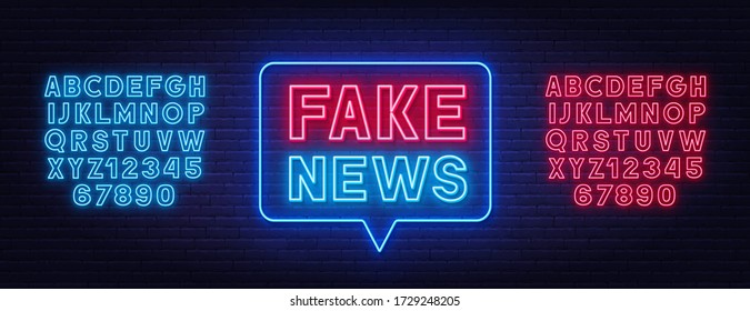 Neon fake news sign and font set on brick wall background.