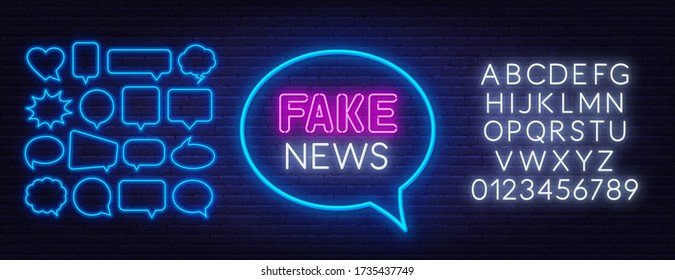 Neon fake news sign on brick wall background.